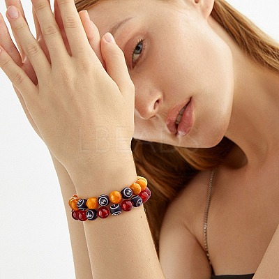 Dark Orange Natural Yellow Jade Round Beaded Stretch Bracelet BJEW-SW00077-07-1