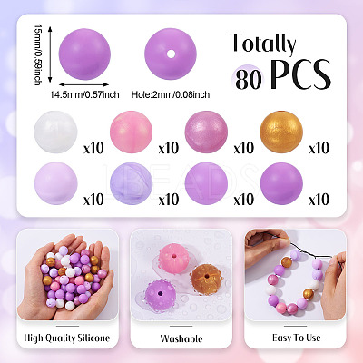 80Pcs 8 Styles Round Food Grade Silicone Beads SIL-TA0002-07-1