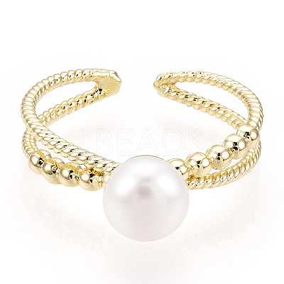Natural Pearl Double Lines Brass Open Cuff Finger Rings PEAR-N022-C08-1