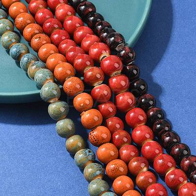 Handmade Fancy Antique Glazed Porcelain Ceramic Round Beads Strands PORC-L019-10mm-M-1