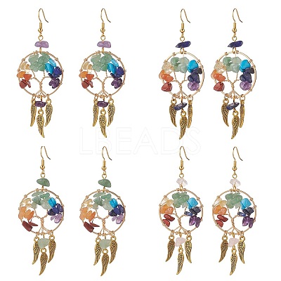 Gemstone Chips Beaded Tree of Life Chandelier Earrings EJEW-JE05152-1