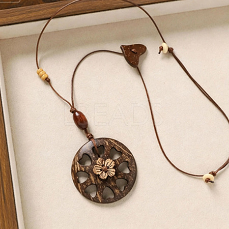 Natural Coconut Pendant Adjustable Leather Cord Long Necklaces with Wood Beads WGC33B1-09-1