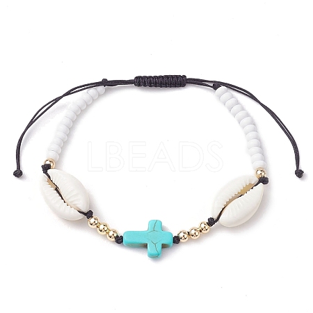 Corss Synthetic Turquoise & Natural Cowrie Shell Braided Bead Bracelets BJEW-JB10357-01-1