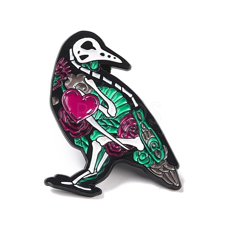 Skeleton Parrot with Heart Enamel Pin for Halloween JEWB-F015-08EB-1