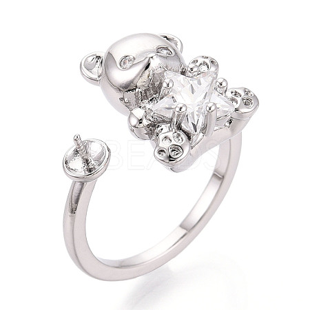 Bear Brass Micro Pave Clear Cubic Zirconia Cuff Ring Settings KK-T076-32P-1
