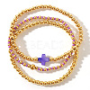 3Pcs Brass & Natural Shell Beads & Glass Seed Beads Stretch Bracelets Set for Women YJ9713-3-1