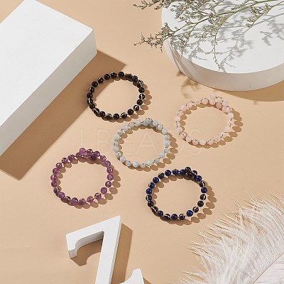 5Pcs 5 Style Natural Mixed Gemstone Round Beaded Cuff Bangles Set BJEW-JB09011-1