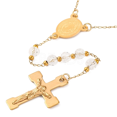 Ion Plating(IP) Crucifix Cross 304 Stainless Steel Rosary Bead Necklaces NJEW-M075-03G-01-1