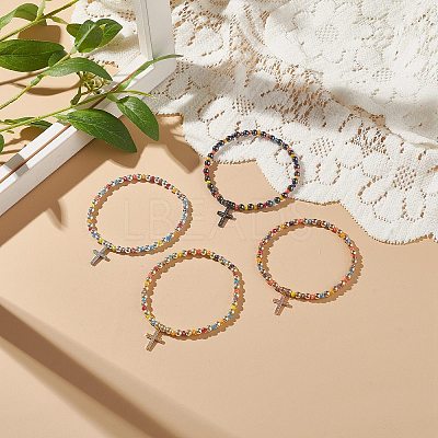 4Pcs 4 Color Glass & Synthetic Hematite Round Beaded Stretch Bracelets Set BJEW-JB08944-1
