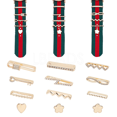 12Pcs 12 Style Wave & Flower & Heart & Lock & Key Alloy Rhinestones Watch Band Charms Set MOBA-PH0001-15-1