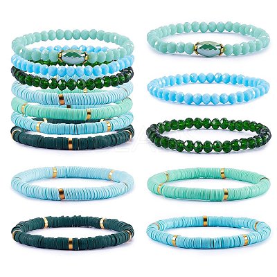 7Pcs 7 Style Handmade Polymer Clay Heishi Surfer Stretch Bracelets Set BJEW-SW00073-07-1