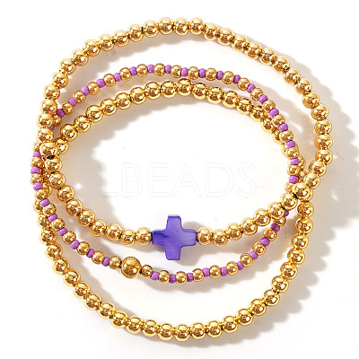 3Pcs Brass & Natural Shell Beads & Glass Seed Beads Stretch Bracelets Set for Women YJ9713-3-1