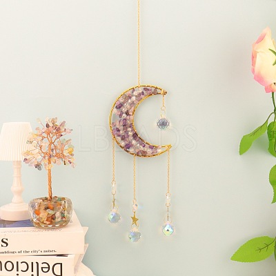Copper Wire Wrapped Natural Amethyst Chips Moon Suncatcher HJEW-H065-02G-02-1
