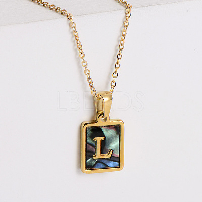304 Stainless Steel Pave Natural Paua Shell Rectangle Initial Pendant Necklaces for Women FS-WG38E89-12-1