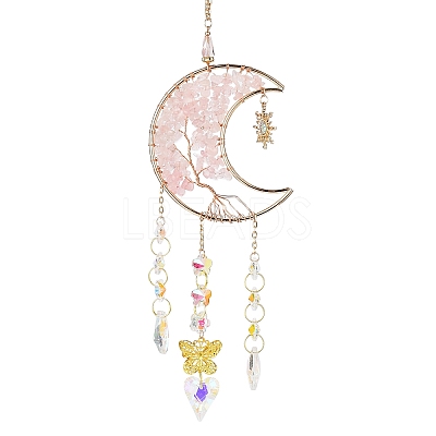 Moon with Tree of Life Natural Rose Quartz Chip Pendant Decorations AJEW-Q143-06-1