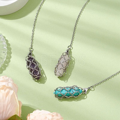 304 Stainless Steel Chain Macrame Pouch Bullet Natural Rose Quartz & Amethyst & Synthetic Turquoise Holder Dowsing Pendulums PALLOY-JF02881-1