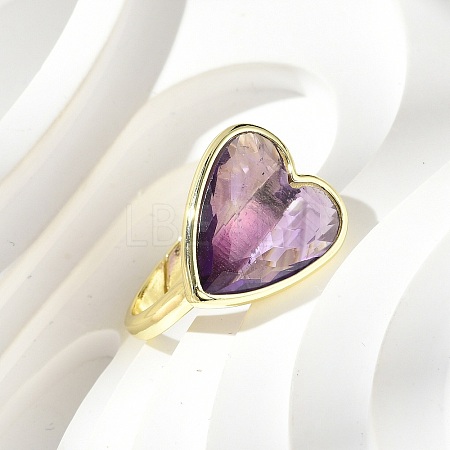 Heart Brass Natural Amethyst Finger Rings X-RJEW-D304-01G-A-1