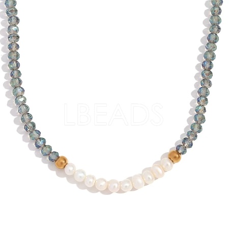 Fashion European Style Pearl Pendant Necklace for Women Handcrafted Stainless Steel Freshwater Pearl Deep Cut Crystal AX4759-5-1