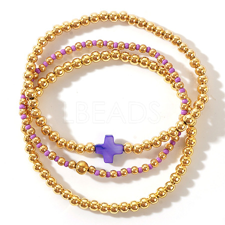 3Pcs Brass & Natural Shell Beads & Glass Seed Beads Stretch Bracelets Set for Women YJ9713-3-1