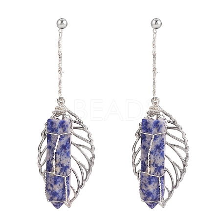 Natural Sodalite Bullet & Leaf Dangle Stud Earrings EJEW-PH01406-03-1