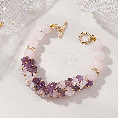 Natural Amethyst & Natural Rose Quartz  Beaded Bracelets for Women BJEW-JB13150-01-1