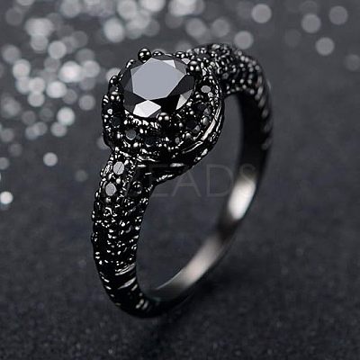 Flat Round Brass Jet Rhinestone Finger Rings FS-WG232E0-03-1