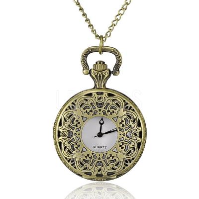 Filigree Flat Round Alloy Quartz Pocket Watches WACH-N039-14AB-1