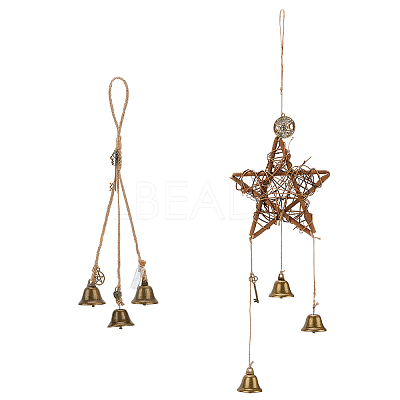 2Pcs 2 Style Brass & Iron Witch Bells Wind Chimes Door Hanging Pendant Decoration AJEW-GA0005-69-1