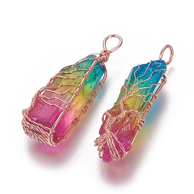 Electroplate Natural Quartz Crystal Big Wire Wrapped Pointed Pendants G-L520-B03-RG-1