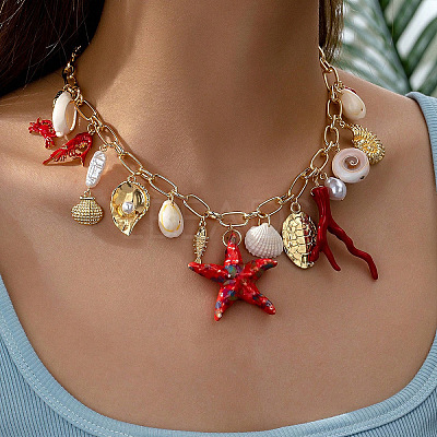 Porcelain & Alloy & Resin & Nataural Mixed Shell Starfish Fish Coral Shape Tassel Bib Necklaces FS-WG61EDD-01-1
