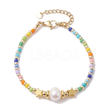 Natural Pearl & 201 Stainless Steel Star & Seed Beaded Bracelet BJEW-JB10118-01-1