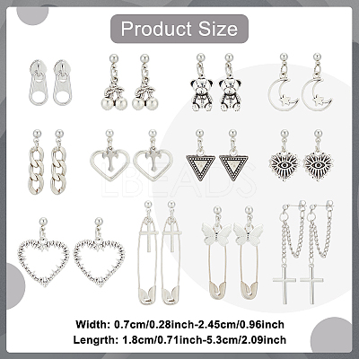 12 Pairs 12 Styles Cherry & Triangle & Eye & Bear & Zipper Buckle Alloy Dangle Stud Earrings for Women EJEW-AN0003-10-1