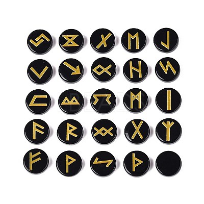 Brass Elder Futhark Alphabet Engraved Symbol Flat Round Natural Obsidian Rune Stones G-I373-01H-1