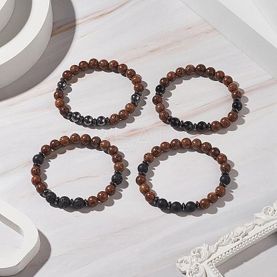 Gemstone & Natural Wood Beaded Stretch Bracelet for Men Women BJEW-JB09295-1