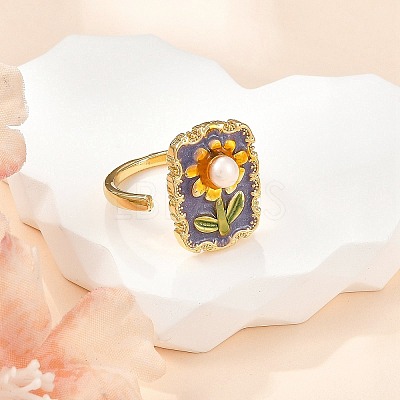 Flower Pattern Brass Enamel & Natural Freshwater Pearl Open Cuff Rings for Women RJEW-G342-01G-01-1