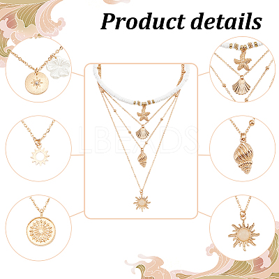 6Pcs 6 Style Sun & Flower & Shell Shape Pendant Alloy Multi Layered Necklaces Sets NJEW-AN0001-37-1