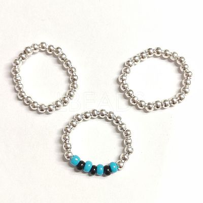 3Pcs 3 Style Iron & Glass Seed Beaded Stretch Rings Set RJEW-PH01299-1