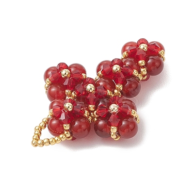 Natural Carnelian Round Beads & Glass Seed Beaded Cross Pendants PALLOY-MZ01151-01-1