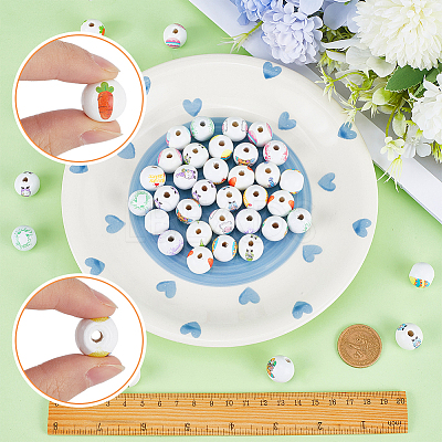 48Pcs 12 Styles Easter Theme Printed Wooden Beads WOOD-SC0001-61-1