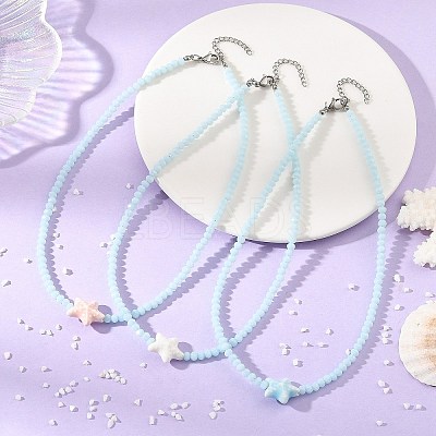 3Pcs 3 Colors Ocean Handmade Porcelain Starfish Glass Beaded Necklaces for Women NJEW-JN06392-1