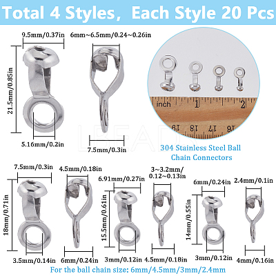 80Pcs 4 Styles 304 Stainless Steel Ball Chain Connectors FIND-SC0011-11-1