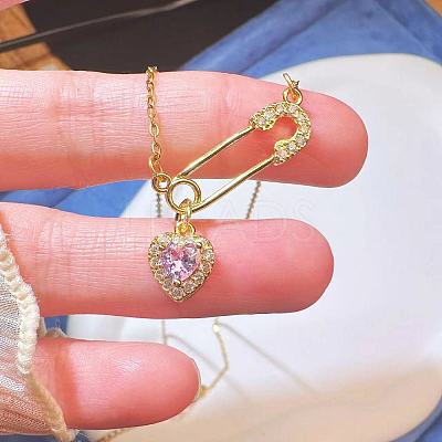 Heart Safety Pin Brass Pave Cubic Zirconia Pendant Necklaces for Women FS-WGA6C95-02-1