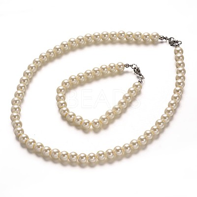 Stainless Steel Dyed Glass Pearl Round Bead Strands and Bracelets Jewelry Sets SJEW-M039-01B-1