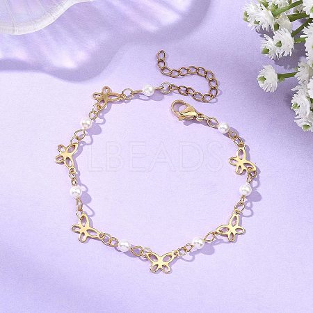 304 Stainless Steel & Shell Pearl Link Bracelets for Women BJEW-JB14096-1