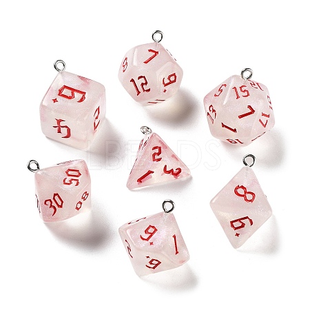 7Pcs 7 Styles Transparent Resin Polyhedral Dice Pendants Set RESI-A029-01L-1