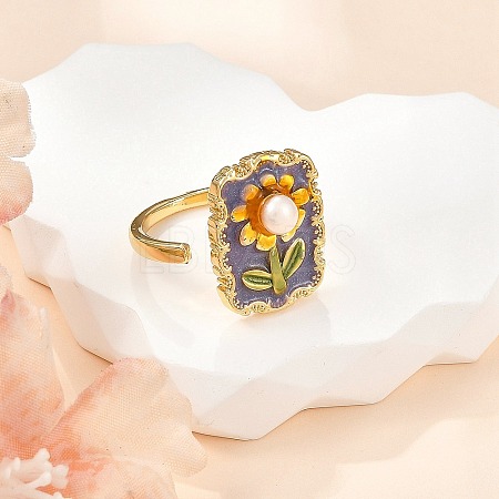 Flower Pattern Brass Enamel & Natural Freshwater Pearl Open Cuff Rings for Women RJEW-G342-01G-01-1