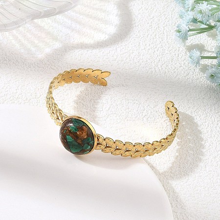 Synthetic Bronzite and Malachite Half Round 304 Stainless Steel Leaf Cuff Bangle for Women BJEW-JB14491-02-1