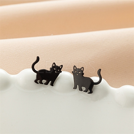 Stainless Steel Cat Shape Stud Earrings PW-WGC97C2-04-1