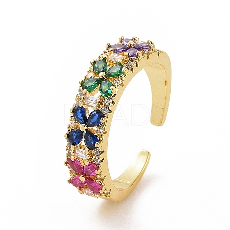 Colorful Cubic Zirconia Flower Open Cuff Rings RJEW-F138-03G-1