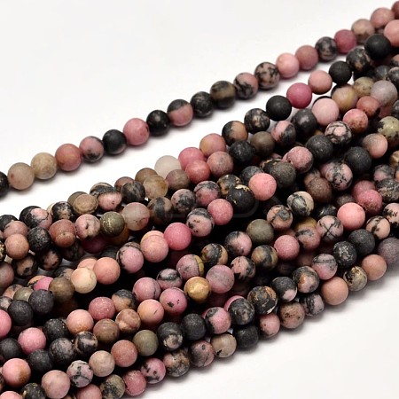 Frosted Natural Rhodonite Round Bead Strands G-F266-13-4mm-1